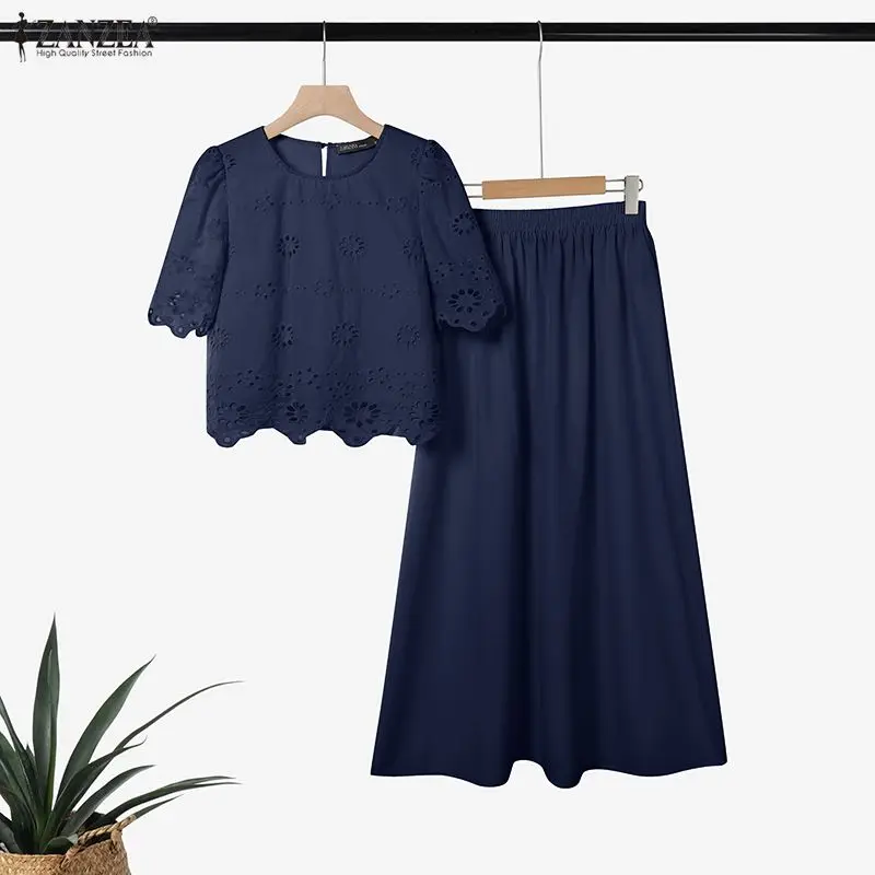 Women's Casual Skirt Suits Openwork Embroidered Short Sleeve Tops & A-Line Long Skirts 2-Piece Sets ZANZEA Summer Beach Outfits