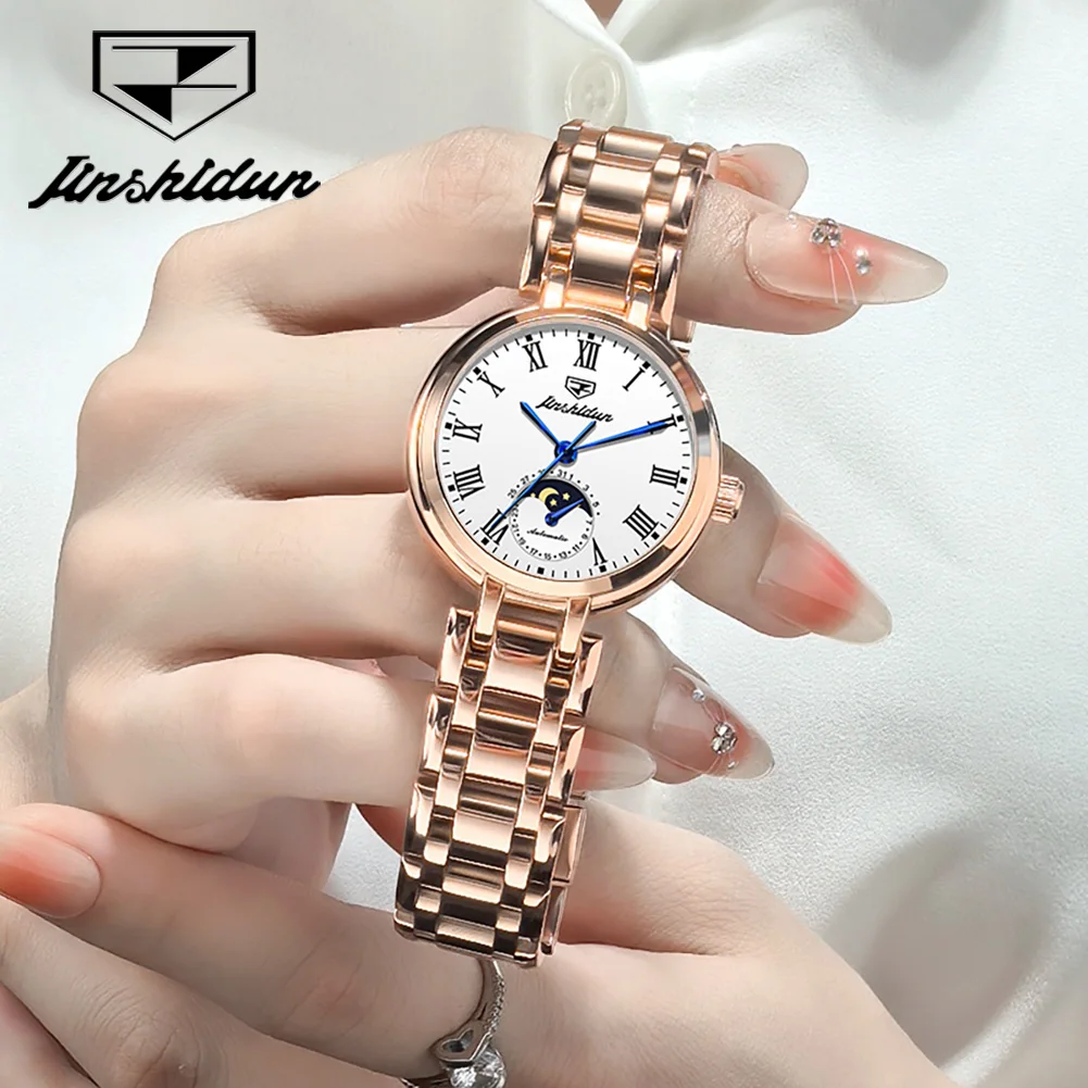 JSDUN 8981 Roman Scale Moon Phase Watch For Women Automatic Mechanical Original Wristwatch Date Waterproof Business Woman Watch