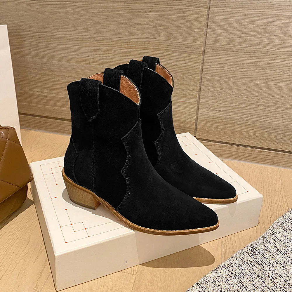 2023 Classic Western Boots for Woman Cow Suede Pointed toe Wedges Heel Ankle Boots Simple Comfortable Cowboy Boots Female