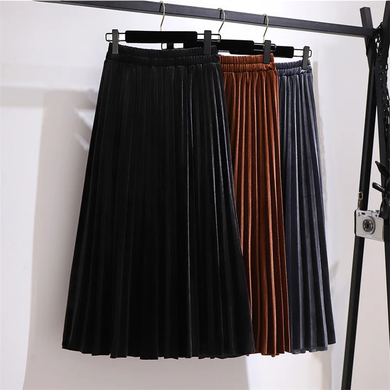 

2024 Oversize XXL-6XL Pleuche Skirts Women Golden Velvet Pleated Skirts Female Elastic Waist Elegant A-line Skirts Spring Autumn