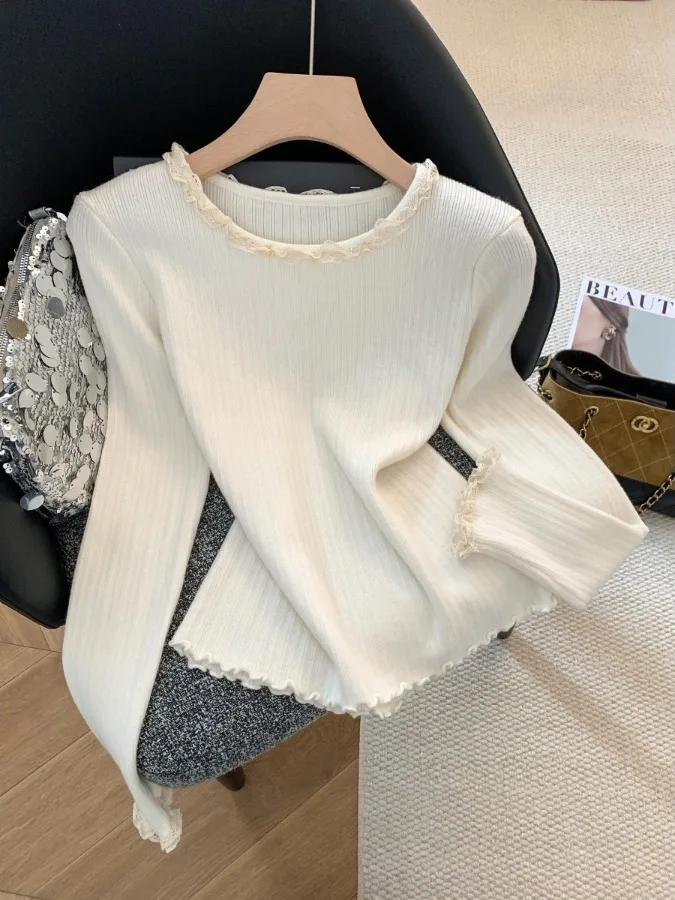 

Корейский милый вязаный свитер с кружевной отделкой Ne Long Sve, женский осенне-зимний облегающий универсальный базовый топ