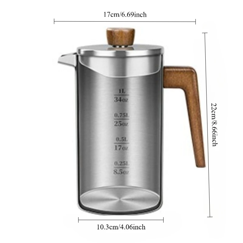 JUSTINLAU 1000ml Stainless Steel French Press Pot Household Coffee&Tea Maker with Wood Handle& Scale Outdoor Cmaping Coffee Pot