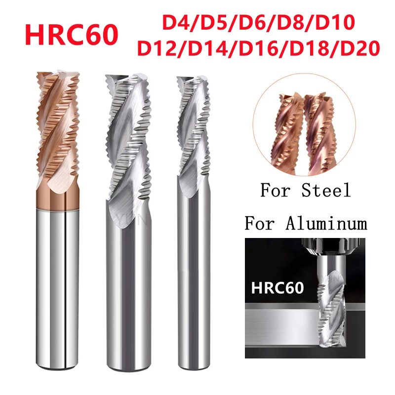 HRC60 Carbide Roughing Milling Cutter 3 Flutes 4 Flutes End Mill CNC corrugated Mill For Aluminum Steel Wood Copper Plastic