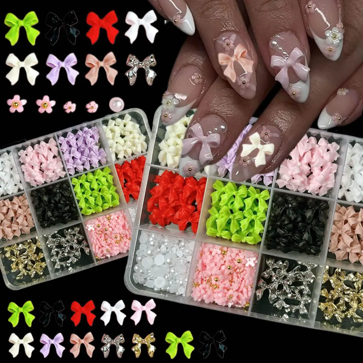 

1Box Simulated Alloy Cherry Ribbon Bow Nail Charms Creative Sausage Bread Aurora Tulip Mixed Resin Nail Art Decorations for DIY