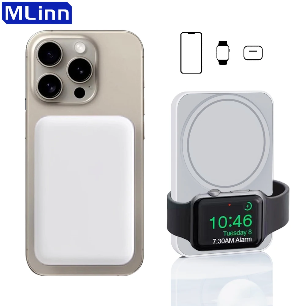 

3 in 1 Magnetic Wireless Power Bank Portable Spare Battery for MagSafe for apple watch 9 8 7 iPhone 15 14 13 12 AirPods 2 Pro