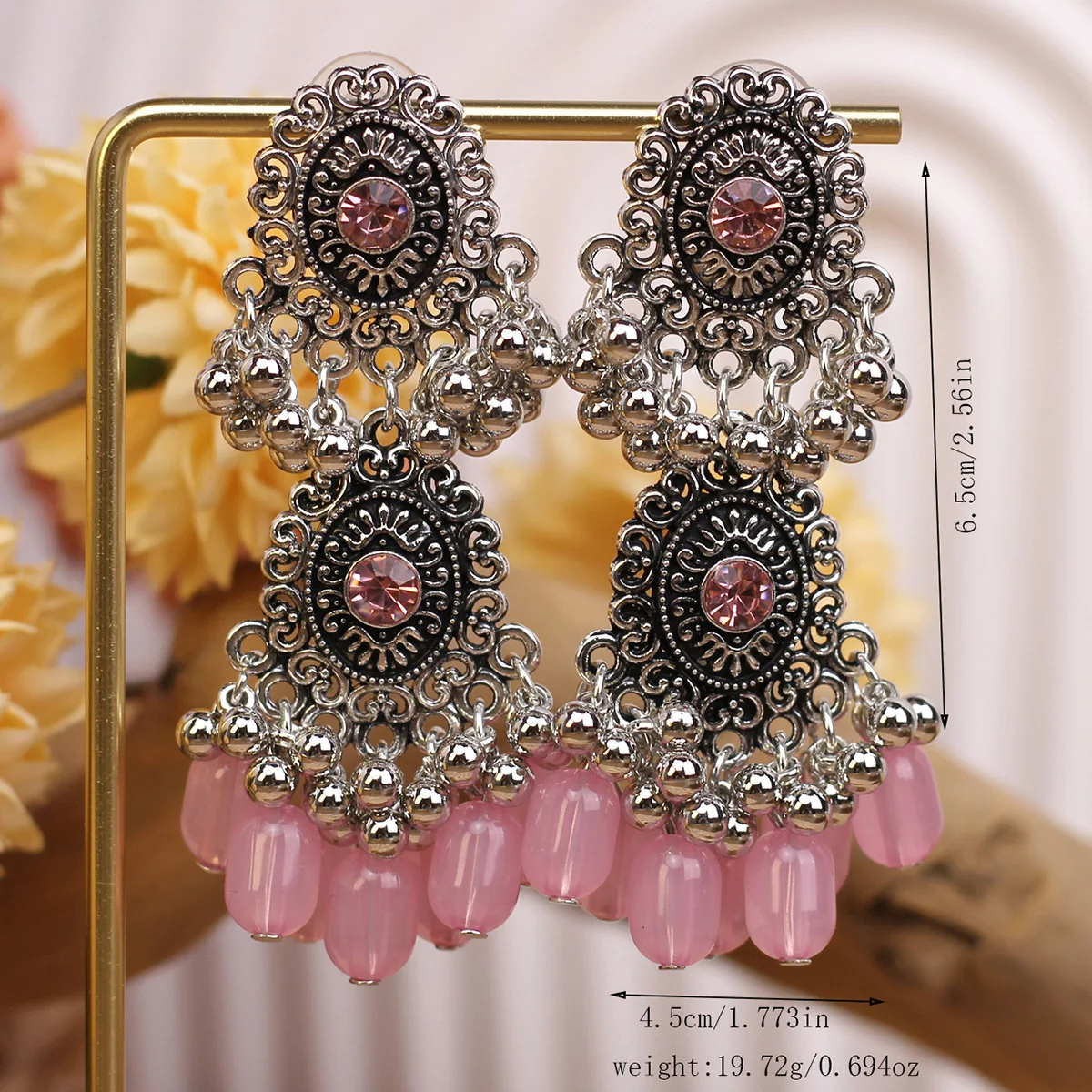 Ethnic Romantic Pink Crystal Bead Tassel Earring Women Ethnic Silver Plated Round Long Dangle Earrings Bridal Wedding Jewelry