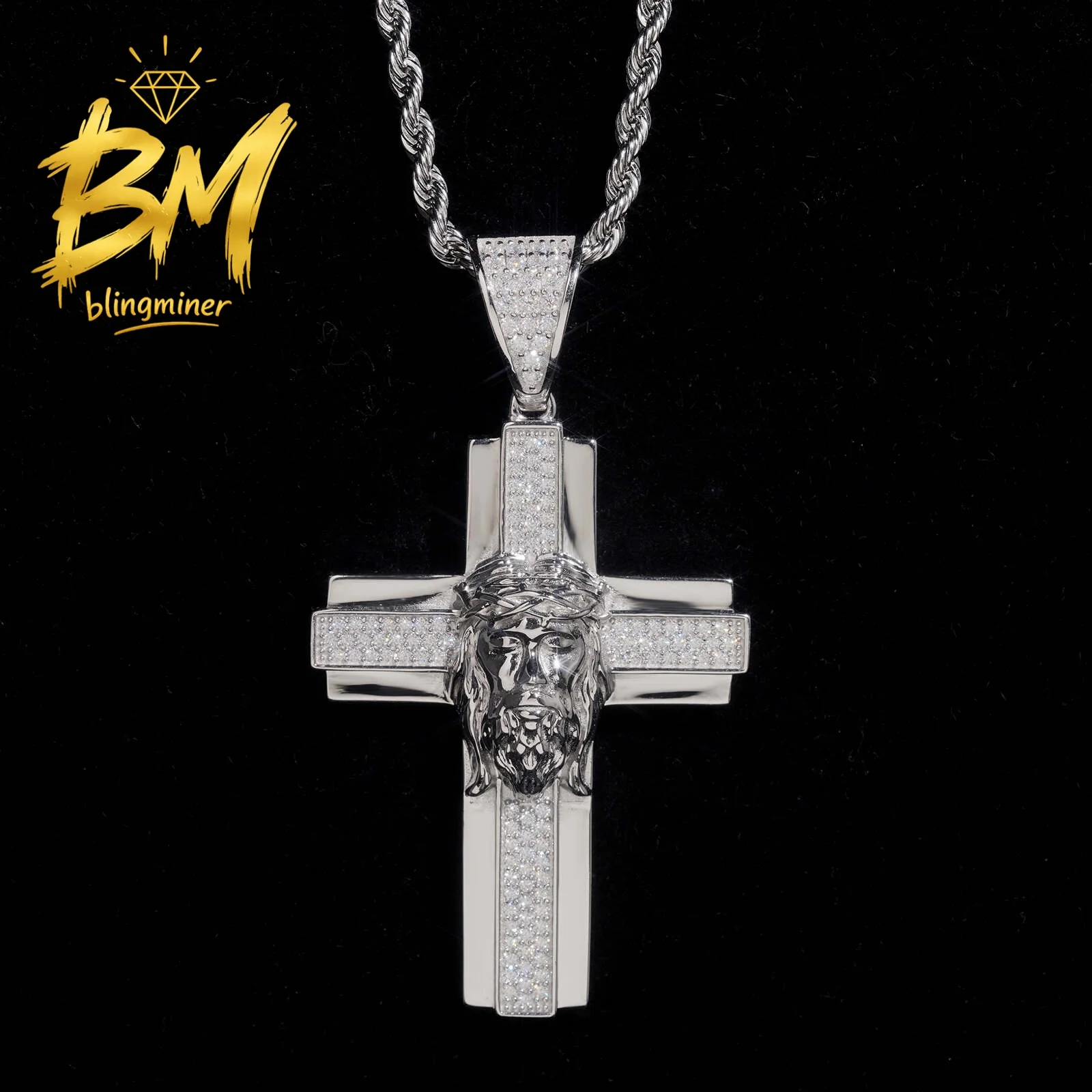 Blingminer Hip Hop Jesus Cross VVS Moissanite Pendant For Men Women S925 Silver Pendants Jewelry Pass Diamonds Tester GRA