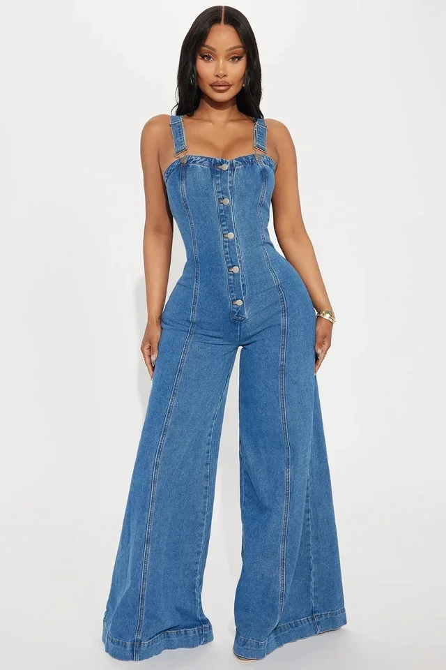 

Wide Leg Denim Jumpsuit Sexy Women Spaghetti Strp Elegant Bell Bottom Jeans Casual Romper Overalls