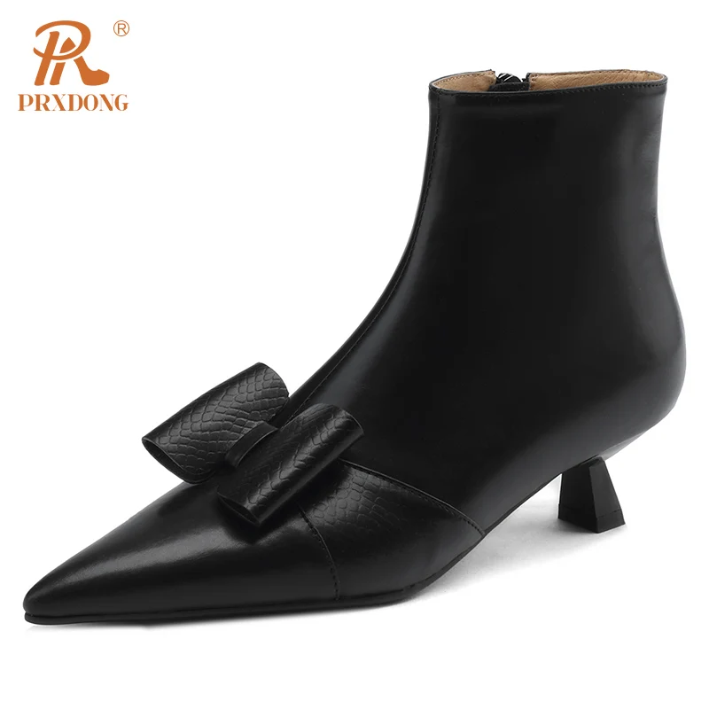 PRXDONG New Fashion Autumn WInter Warm Ankle Boots Med Heels Pointed Toe Black Apricot Sweet Butterfly-knot Dress Party Size 39