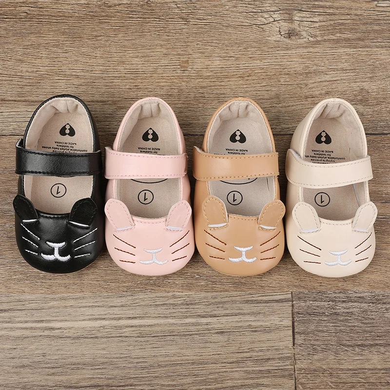 Baywell Baby Shoes Girl Cartoon Kitten Shoes Leather Rubber Sole Anti-slip Toddler First Walkers Infant Crib Shoes Moccasins