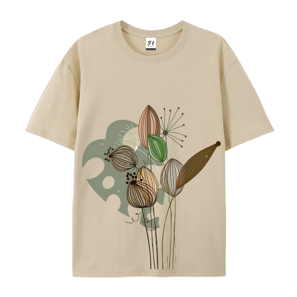Koszulka z krótkim rękawem z artystycznym botanicznym grafiką kwiatów i liści Modna koszulka z okrągłym dekoltem Casual Comfort Fit do codziennego noszenia