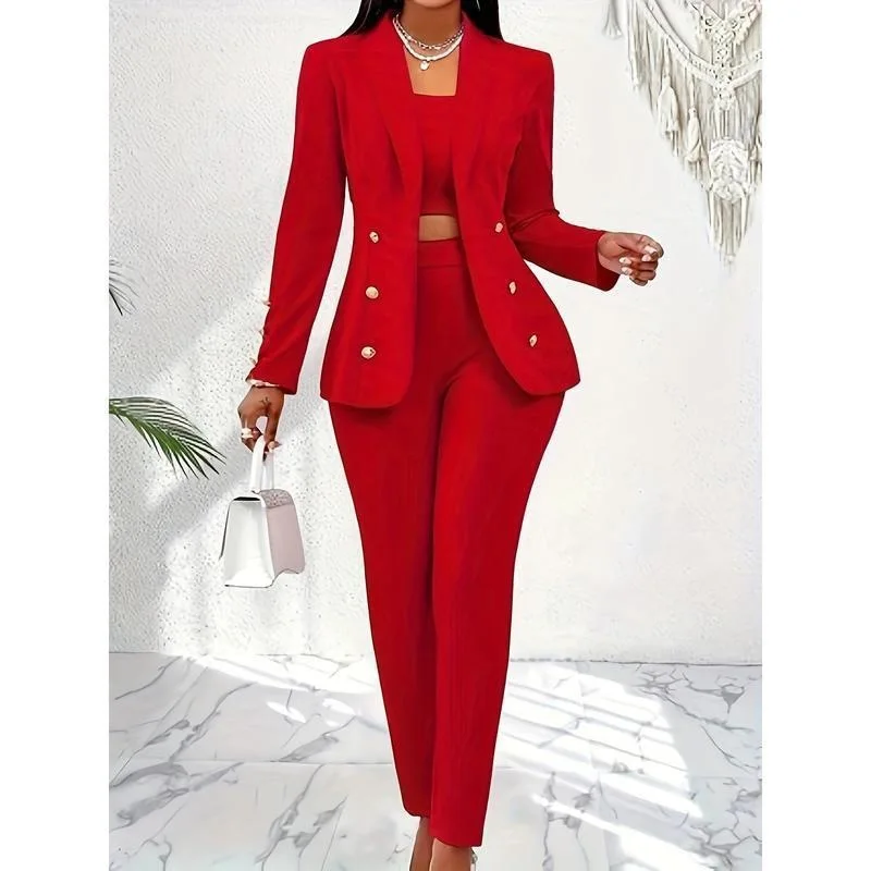 

Buttoned Set Women's Fashion Summer Suiting Ensemble Turn-down Collar Button Detailing Cross-Border Style