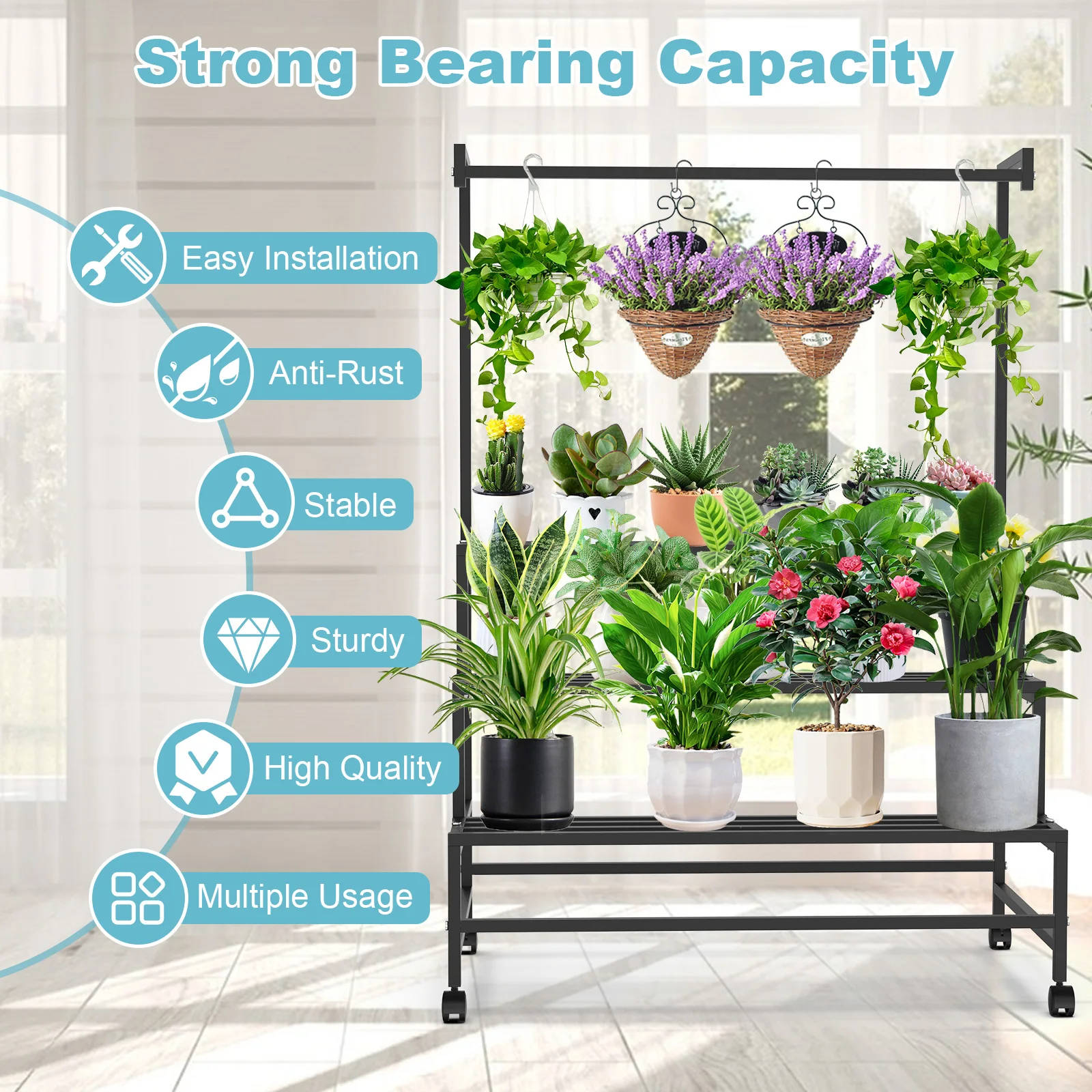 Plant Stand with Wheels Heavy Duty Metal 3-tier Ladder Hanging Shelf Holder Storage Pot Rack Plant Organizer Living Room Garden