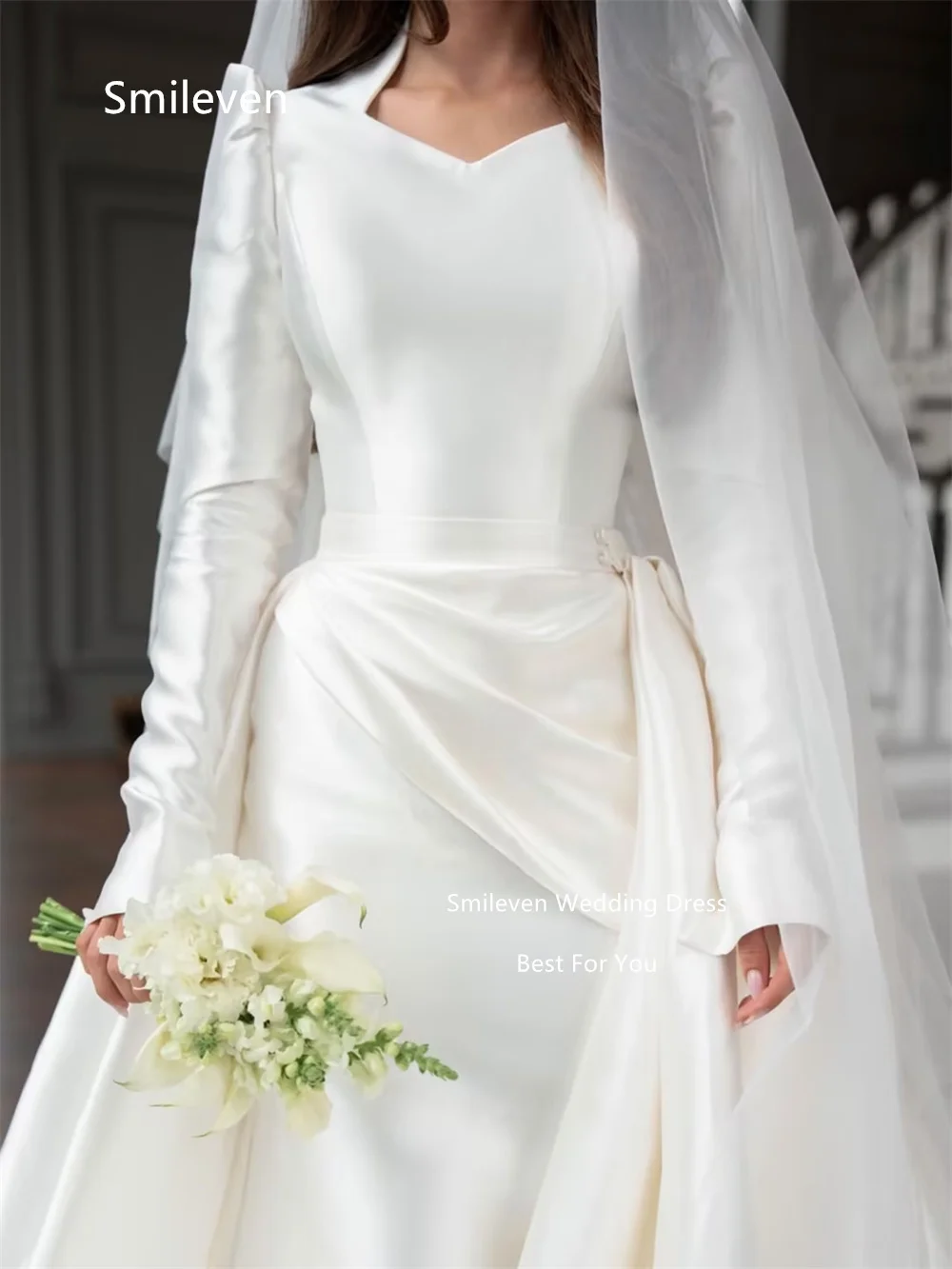 Smileven White Mermaid Overlay Train wedding Dresses V‑Neck Puff Sleeve Bridal Dress Draped Sash Chapel Train Gowns Customized
