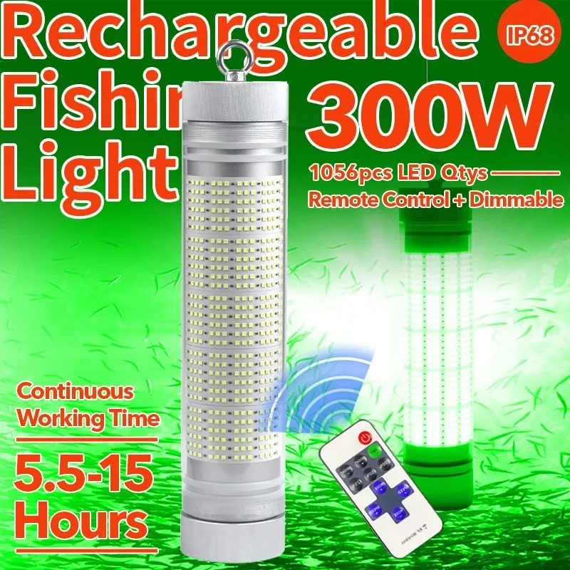 

LED Fishing Light, 100W 200W Rechargeable Underwater Lamp, Green Night Lure Attraction Lamp, IP68 Waterproof for Boat Sea