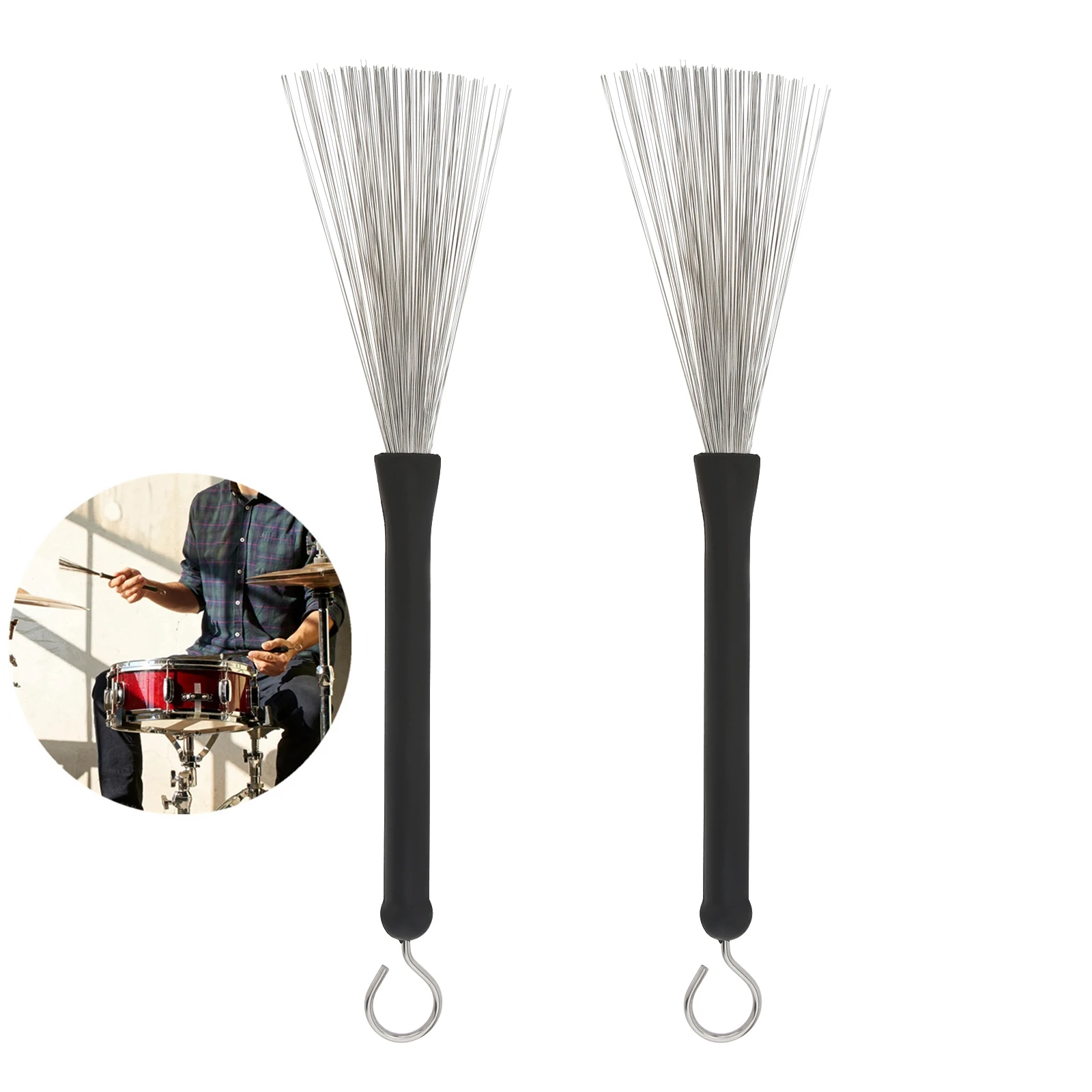 1 Pair Retractable Jazz Drum Brush with Loop End Percussion Steel Wire Strands Sticks Jazz Drum Brushes Cleaning Tool