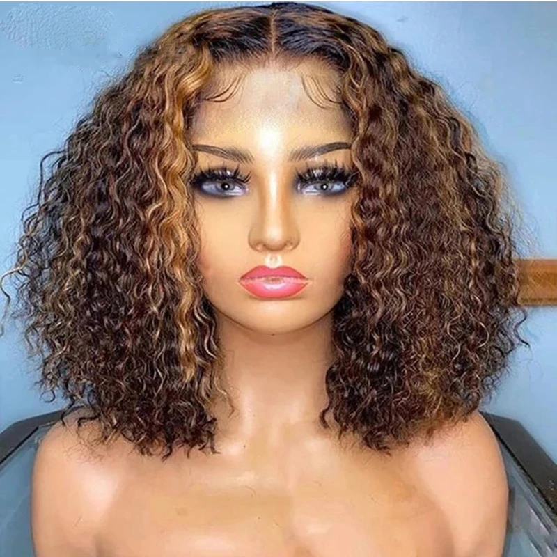 12 14 16inch Highlight Kinky Curly Syntnetic Hair Short Bob Wigs Blonde Natural Color Middle Part Wig For Black Women Daily Use