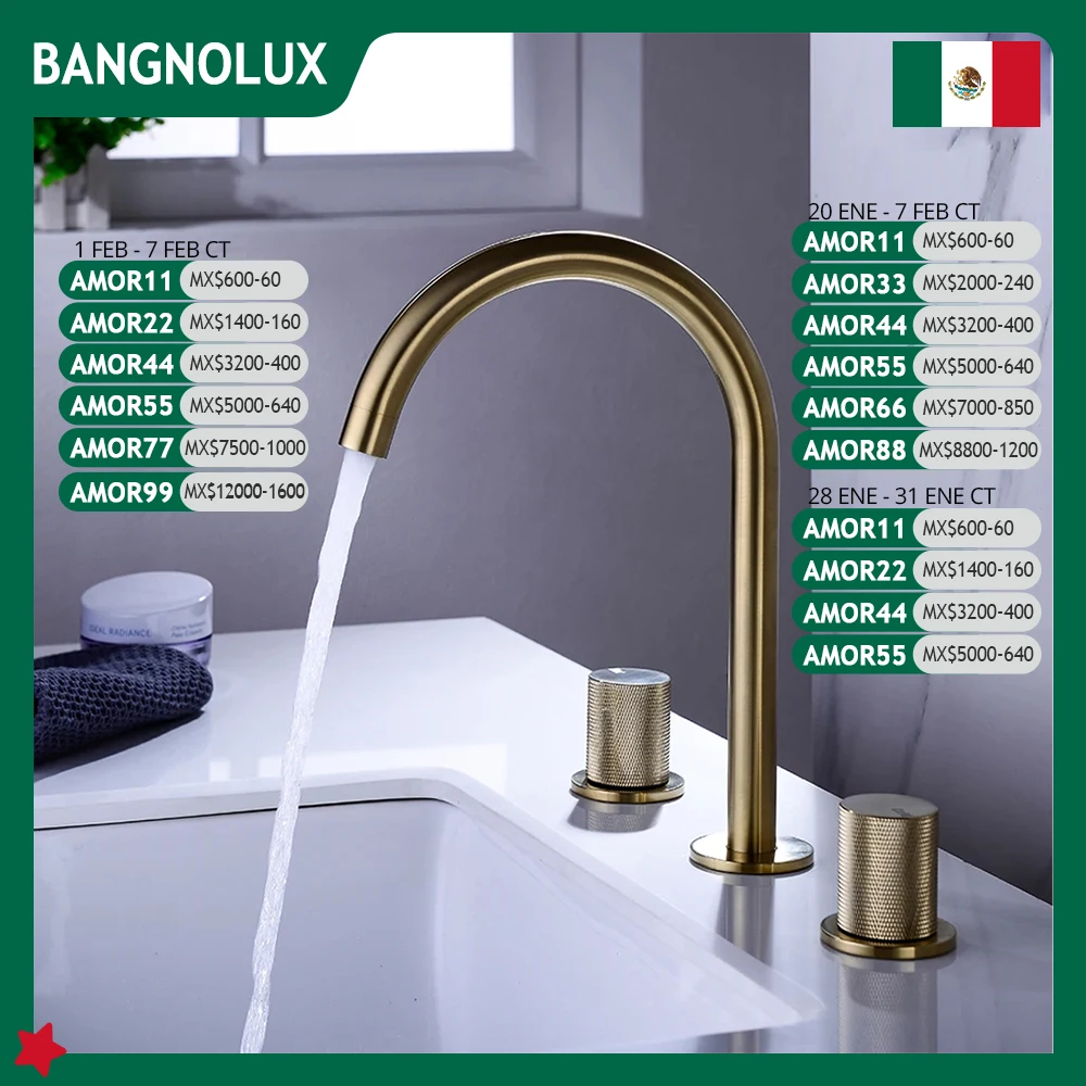 Basin Mixer Water Bathroom Sink Faucet Brushed Gold Brass Deck Mounted Dual Holder Three Hole Mixed Cold And Hot