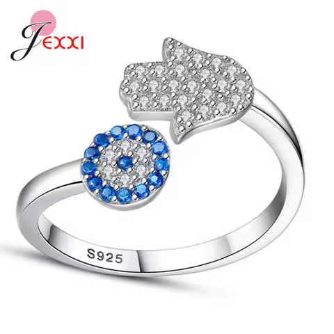 Popular Ring S925 Sterling Silver Jewelry AAA Cubic Zircon Evil Eye Palm Hand Opening Band Adjustable Size for Women Girls