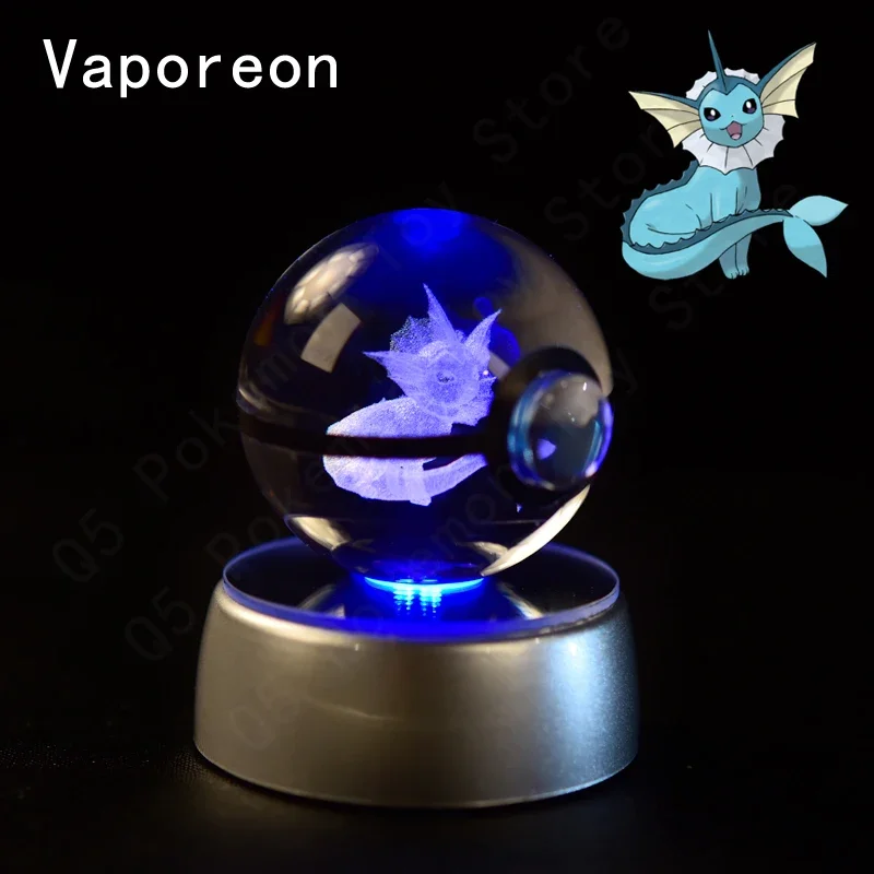 3D Pokemon Kristallkugel 5CM Mewtwo Pikachu Gengar Kristallglas Pokemon Ball Pokeball Figur Nachtlicht LED-Lampe mit Basis Geschenk