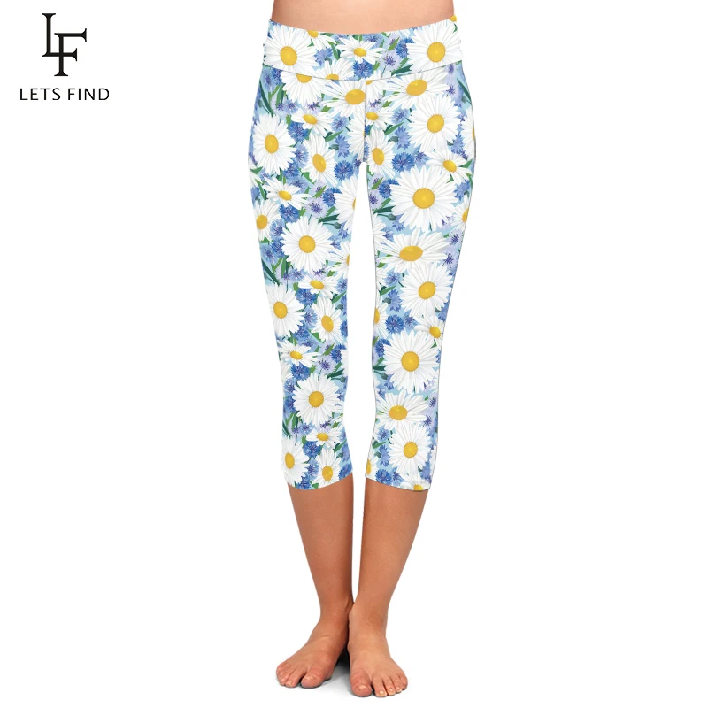 LETSFIND Summer Beautiful Flowers Print Capri Leggings High Waist  Soft and Comfortable Fitness Mid-Calf Leggings