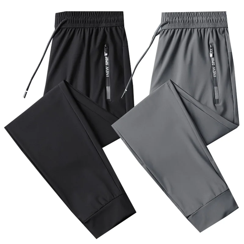 

Мужские брюки, черные, серые, тонкие деловые повседневные свободные брюки из ледяного шелка, большие размеры, уличные дышащие эластичные спортивные штаны, летние брюки