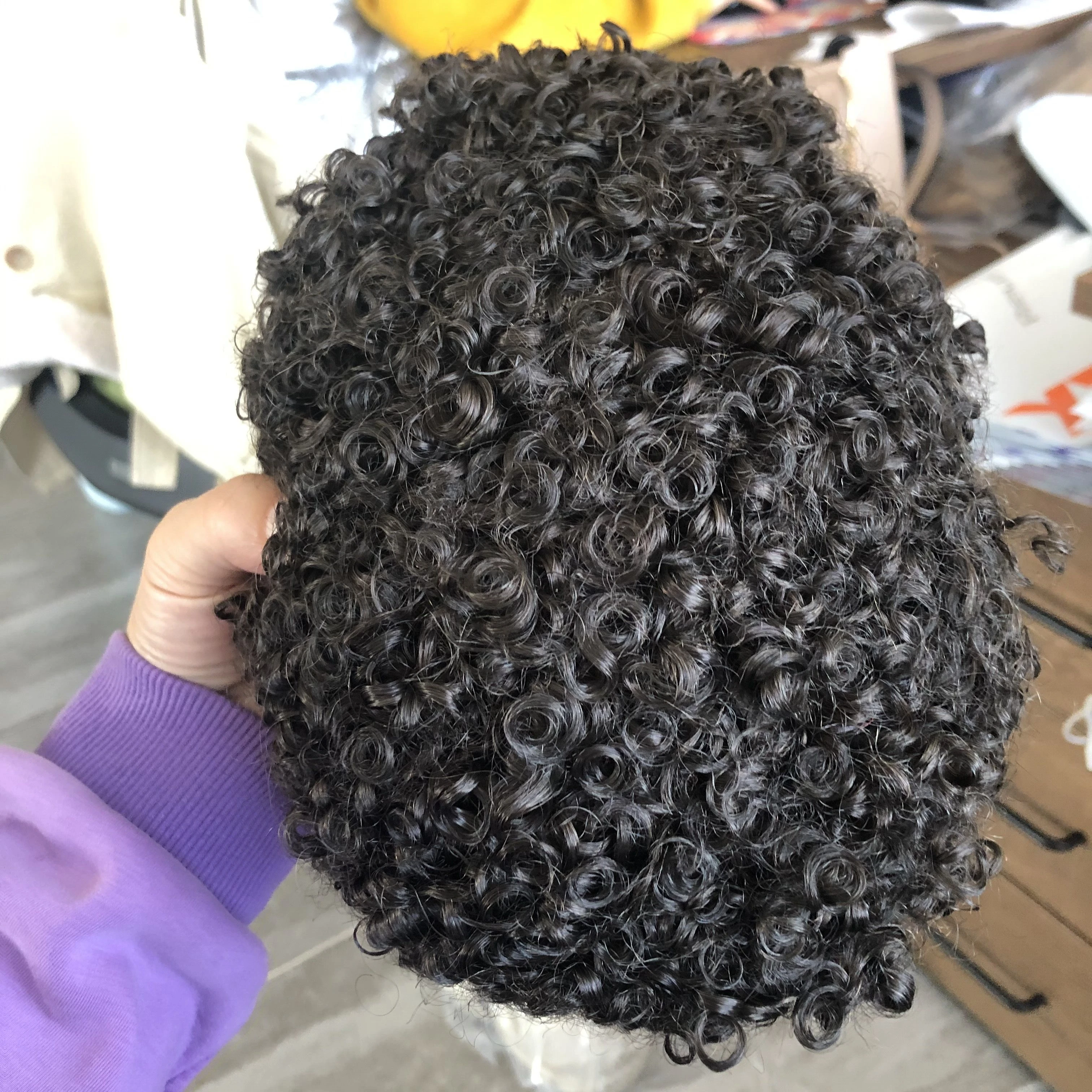 Full PU Base Cabelo Humano Toupee para Homens, Durável, Pele Fina, Full PU, Afro, Kinky, Encaracolado, Masculino, Prótese Capilar, Substituição de Perucas, Jet Black, 15mm