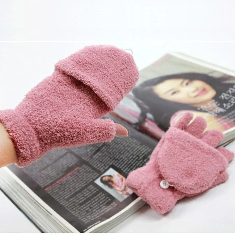 Women Winter Multifunctional Semi-Finger Flip Thermal Gloves Coral Fleece Flip