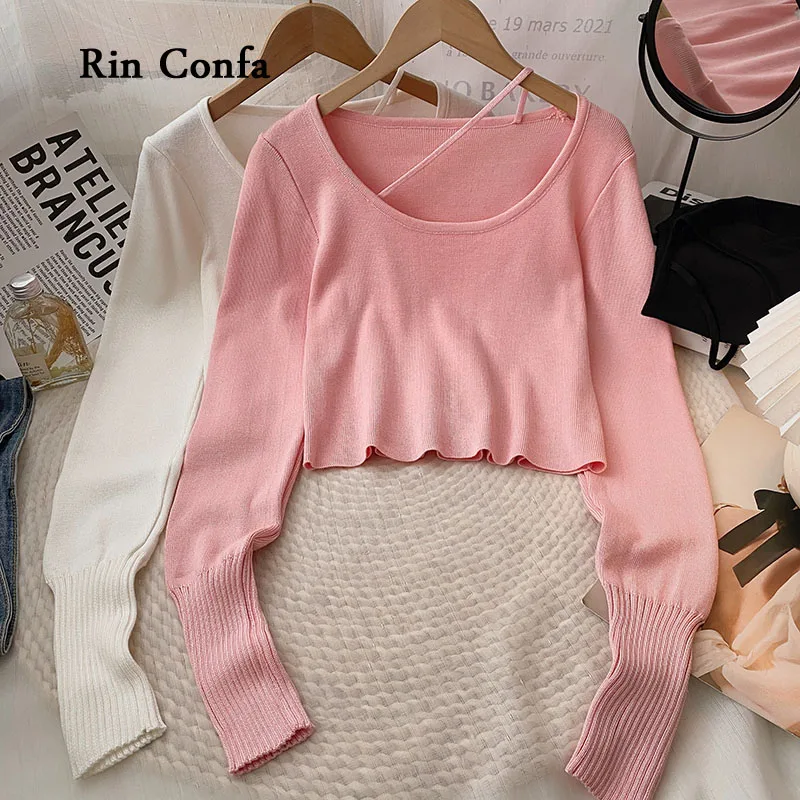 

Rin Confa Spring Women Pure Colour Short O-Neck T-Shirt Korean Fashion All-Match Long Sleeve Tops Slim Thin Knitting Pullover To