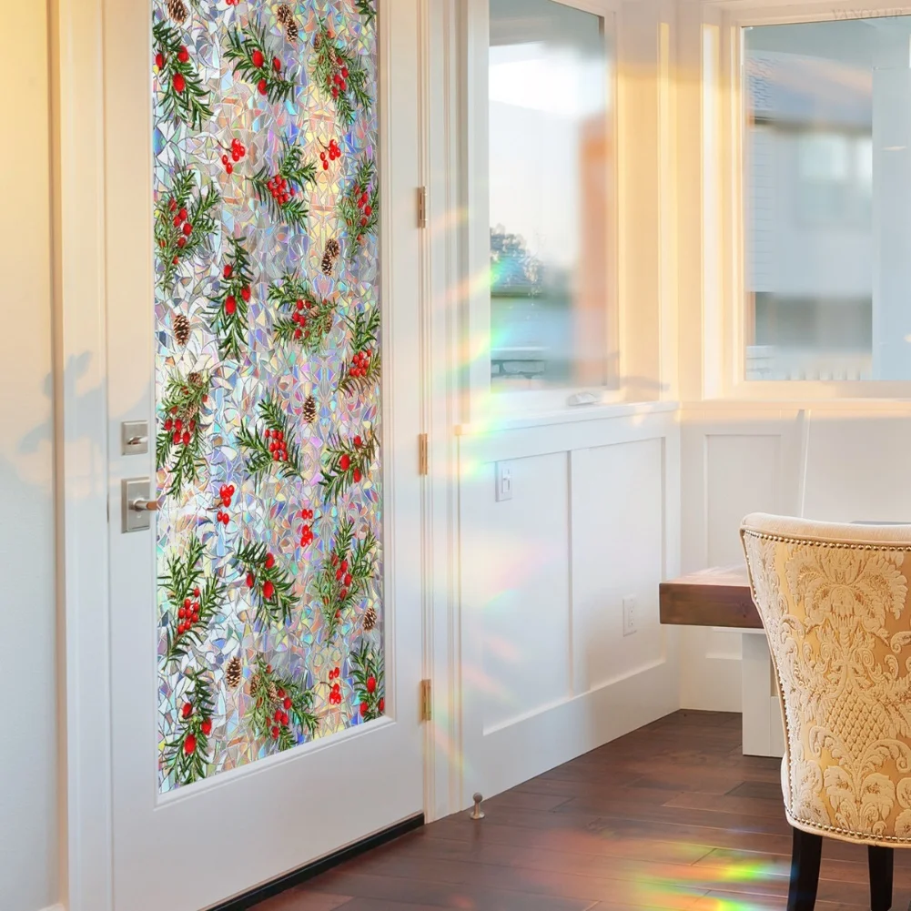 Double Sided Static Cling Christmas Red Berry Sunlight Glass Sticker Window Decal Colorful Decorative Film for Glass