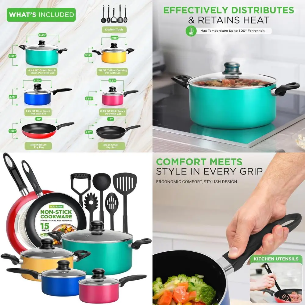 

Набор посуды из 15 предметов с антипригарным покрытием и термостойким лаковым покрытием, включая сковороду-сотейник, сковороду, кастрюлю для духовки, крышки и 5 кухонных принадлежностей