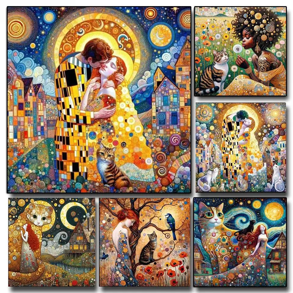 Gustav Klimt Kiss Lover 5D DIY Diamond Painting Full Drills Diamond Mosaic Cross Stitch Woman Beauty and Cat Embroidery Kit W644