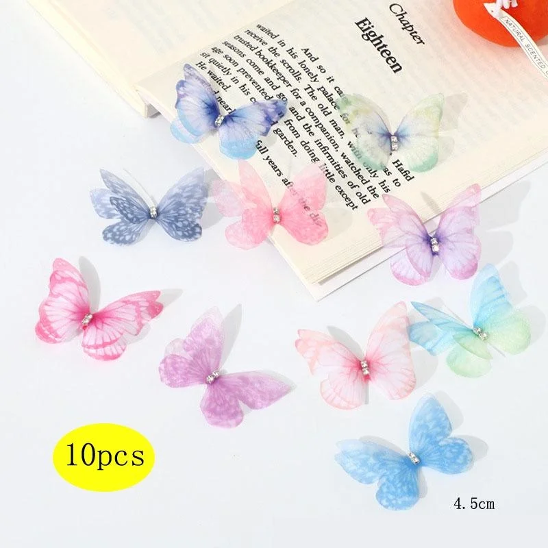 

10PCS Double Layer Rhinestones Organza Butterflies for Appliques DIY Hair Pin Making Tulle Clothes Sewing Wedding Supply