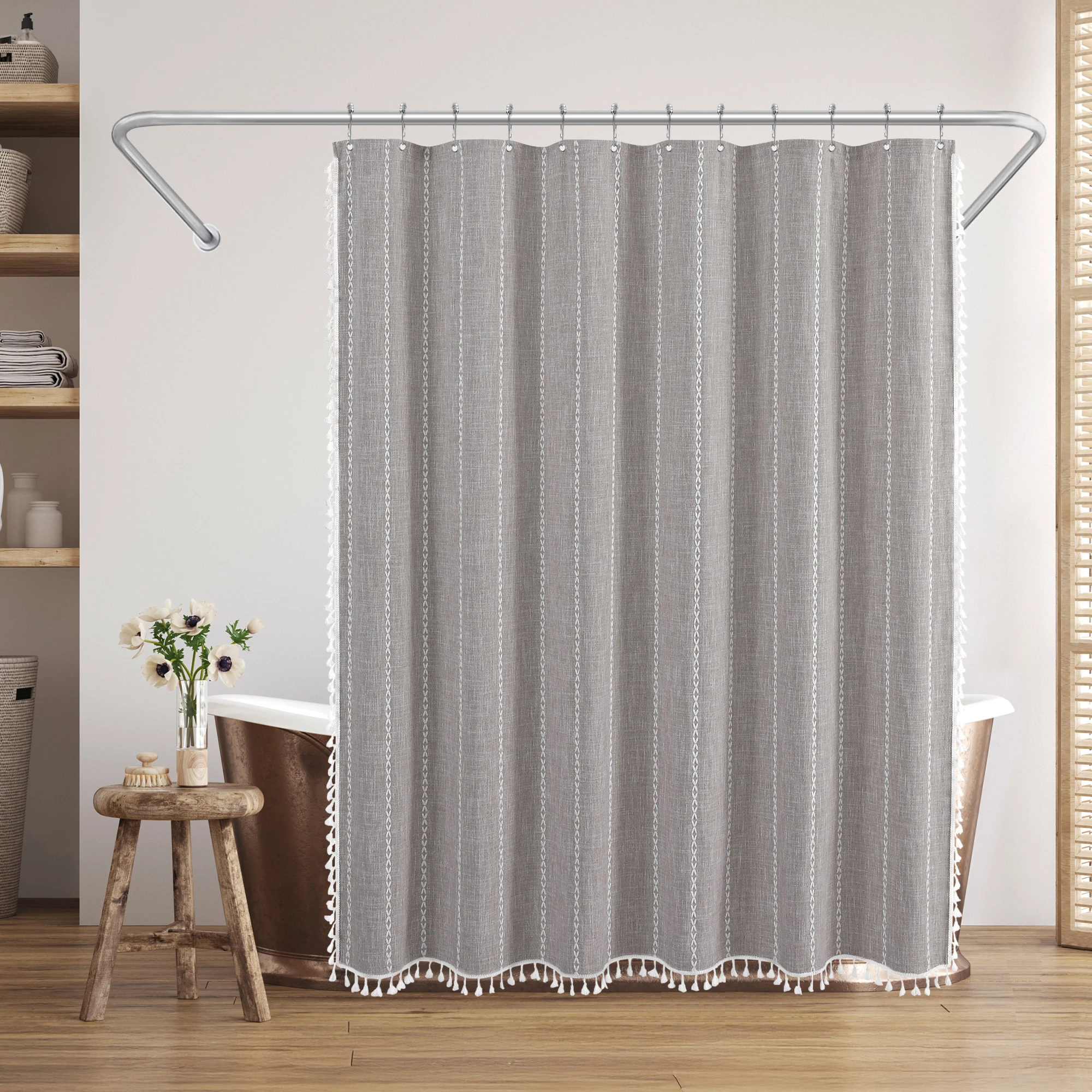 

71x71 Woven Linen Gray Shower Curtain with Tassel Accents - Includes 12 Grommets and Hooks - 100% Polyester