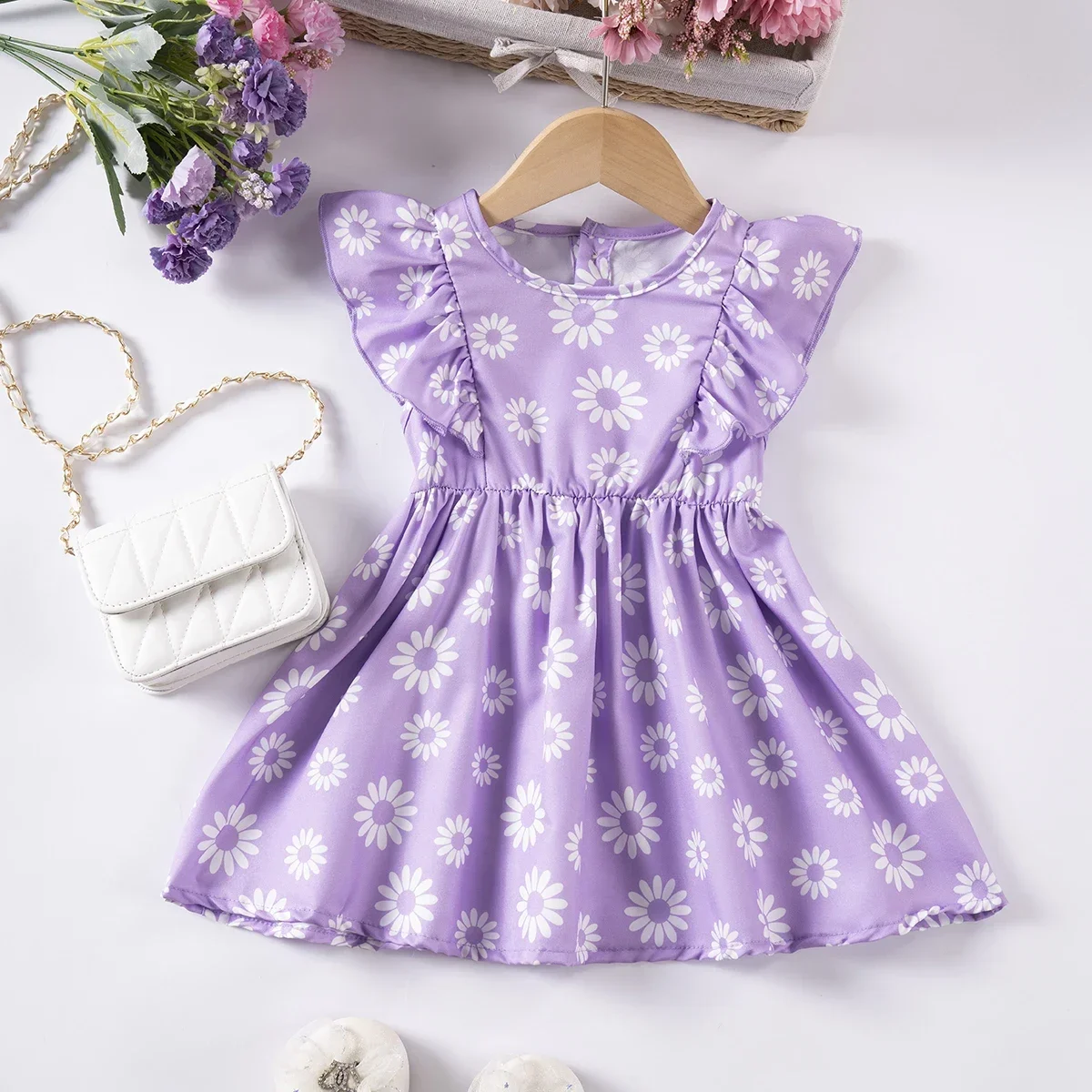 Summer Toddler Girls Daisy Full Print Cute Sleeveless Dress Purple/Yellow Daily Casual Round Neck Waistless Dress