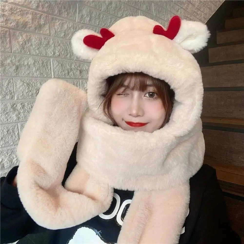 Women Autumn Winter Plush Hat Super Soft Elastic Bear Ear Hat Scarf Ultra-thick Deer Antler Design Warm Hat Winter Accessories