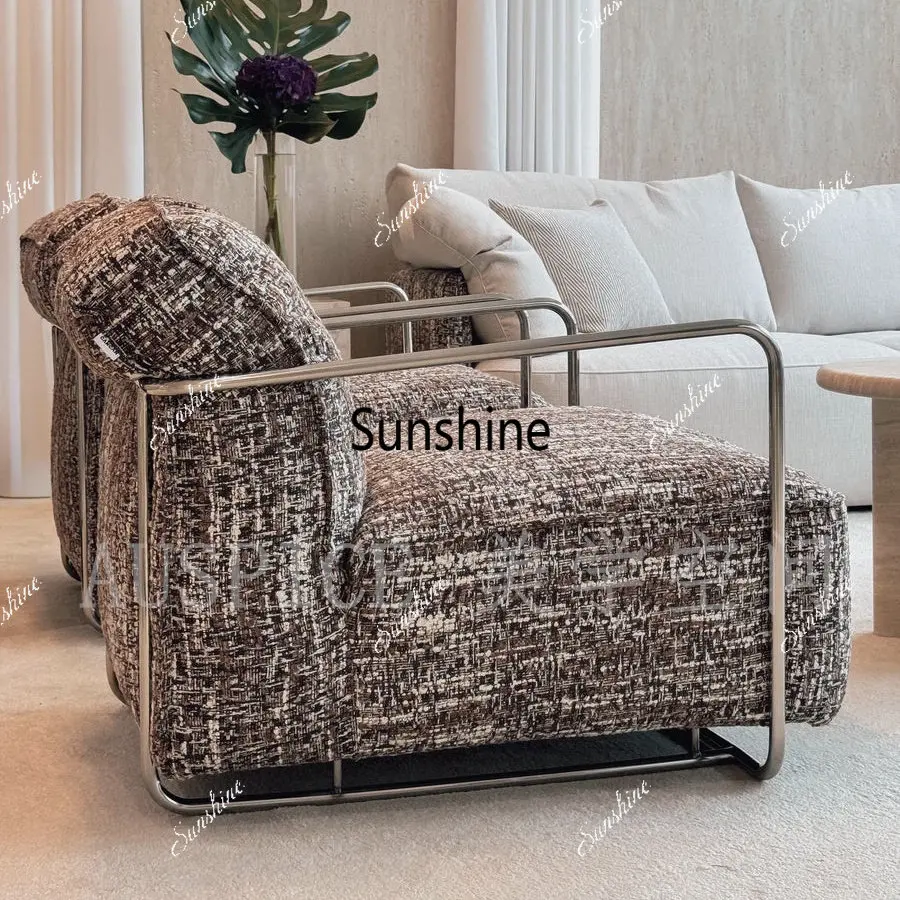 

French retro niche stainless steel armrest living room fabric single sofa