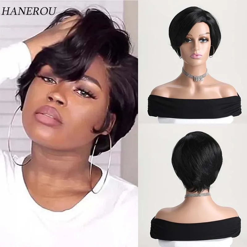 

Short Afro Synthetic Hair Wigs for Black Women Short Hairstyles Pixie Cut Wigs with Thin Hair Black Brown Hair Wigs