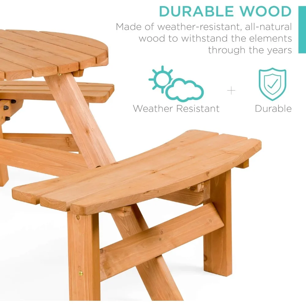 6-Person Circular Outdoor Wooden Picnic Table for Patio, Backyard, Garden, DIY w/ 3 Built-in Benches, 500lb Capacity - Natural