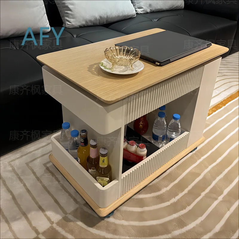 Cream Style Mobile Coffee Table for Modern Minimalist Living Room Small Space Home Use Multi Function Solid Wood Adjustable