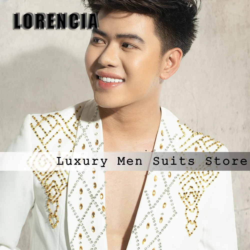 Glitter Rhinestone Male Suits 2 Piece Tuxedos Suit Luxury Jewel Wedding Outfits Customized Blazer Pants terno smoking masculino