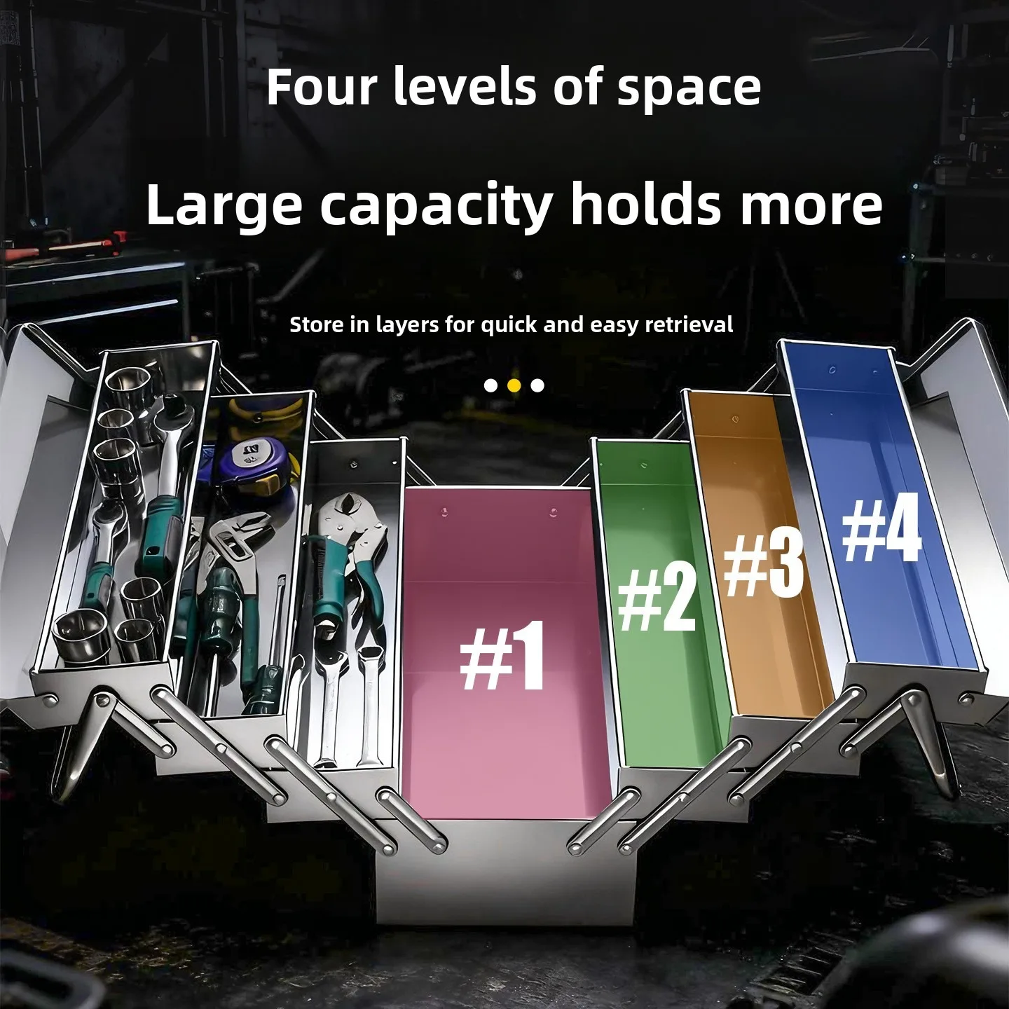 Thickened Hardware Storage Stainless Steel Toolbox, Four Layer Folding Tipping Bucket Box, Stainless Steel Toolbox