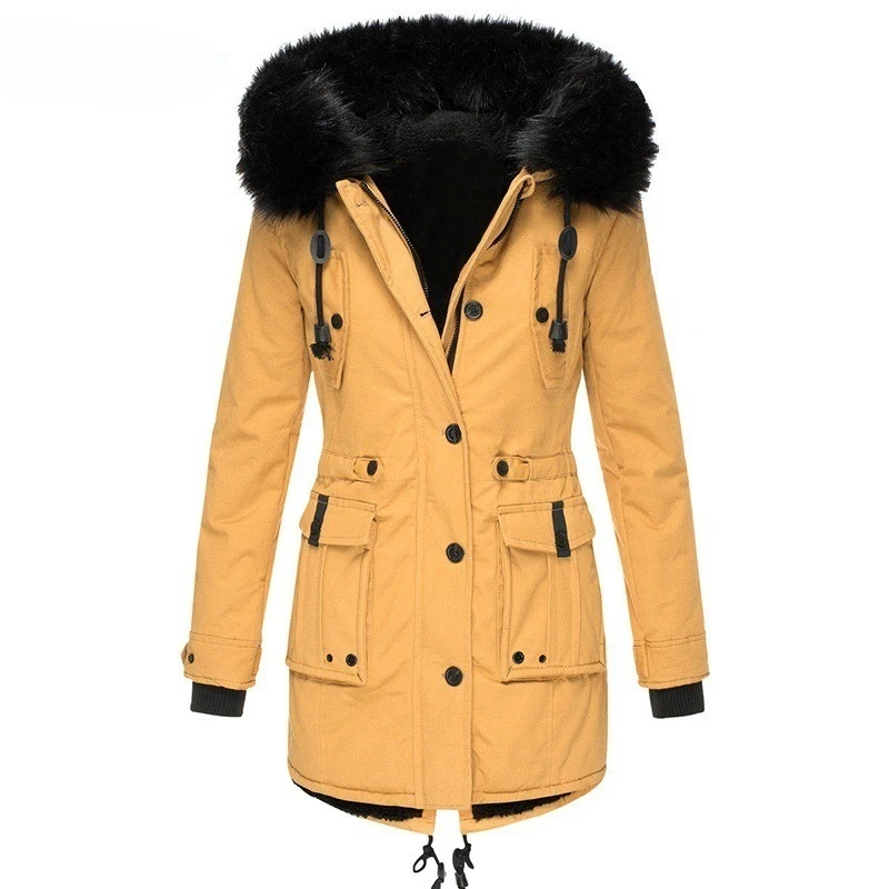 Katoenen jas Dames Parka's Jas Dikke bontkraag Zakken met capuchon Trekkoord Enkele rij knopen Winddichte bovenkleding Overjas Winter