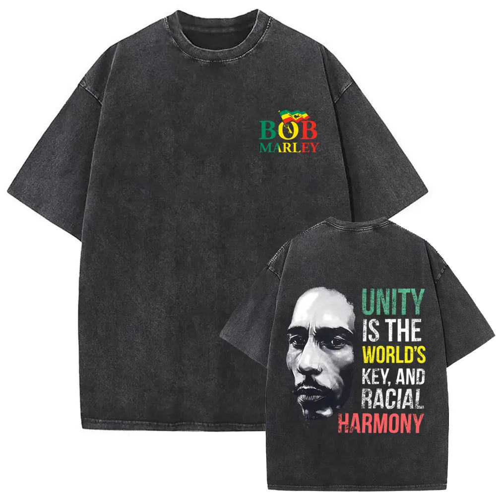 T-shirt vintage délavé avec motif visage de Bob Marley, « L'unité est la clé du monde et l'harmonie raciale », T-shirt décontracté rétro pour hommes