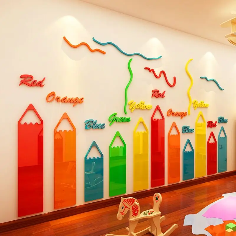 Colored pencils Cartoon Acrylic Wall Stickers For kids room Living room kindergarten 3D decoration DIY art wall decor Home decor