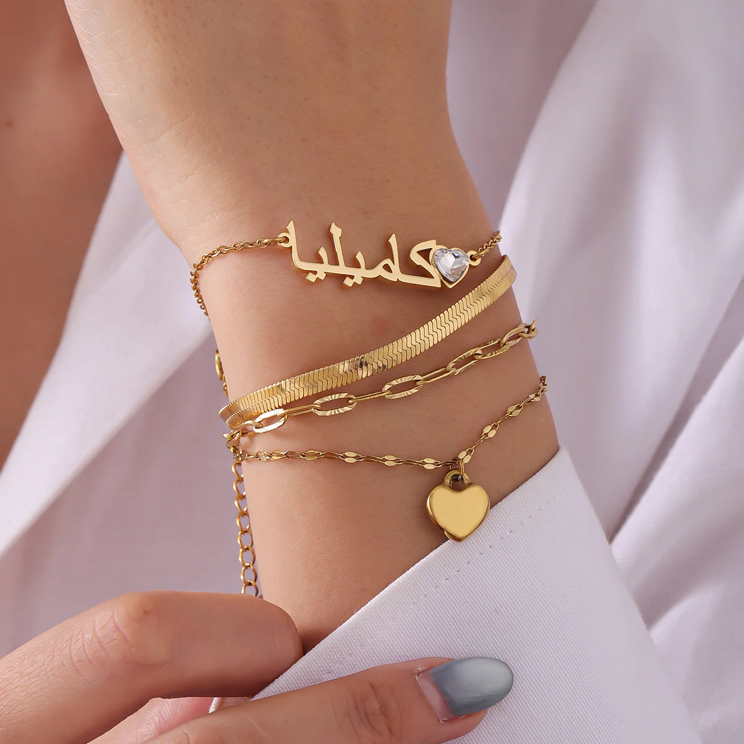 

Custom Birthstone Name Bracelet Set Multi Layer Stackable Diamond 18K Gold Heart Stainless Steel Snake Chain Christmas Gift