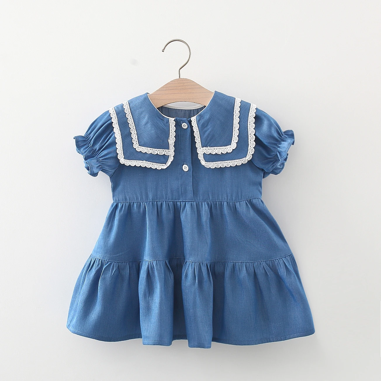 

Summer New Girls Dress Lapel Lace Wrap Sweet Solid Color Princess Skirt Puffed Sleeve Button Birthday Party Dress