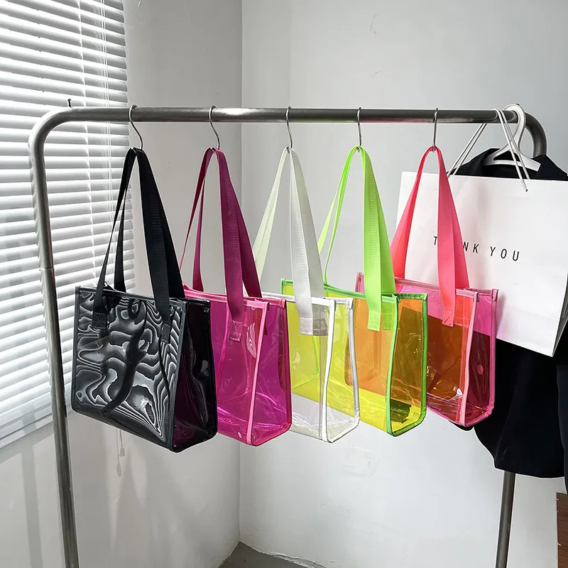 Pvc Transparent Handbag Candy Color Clear Handbag Large Capacity Waterproof Shoulder Tote Lady Shopper Bags Summer Beach Clutch