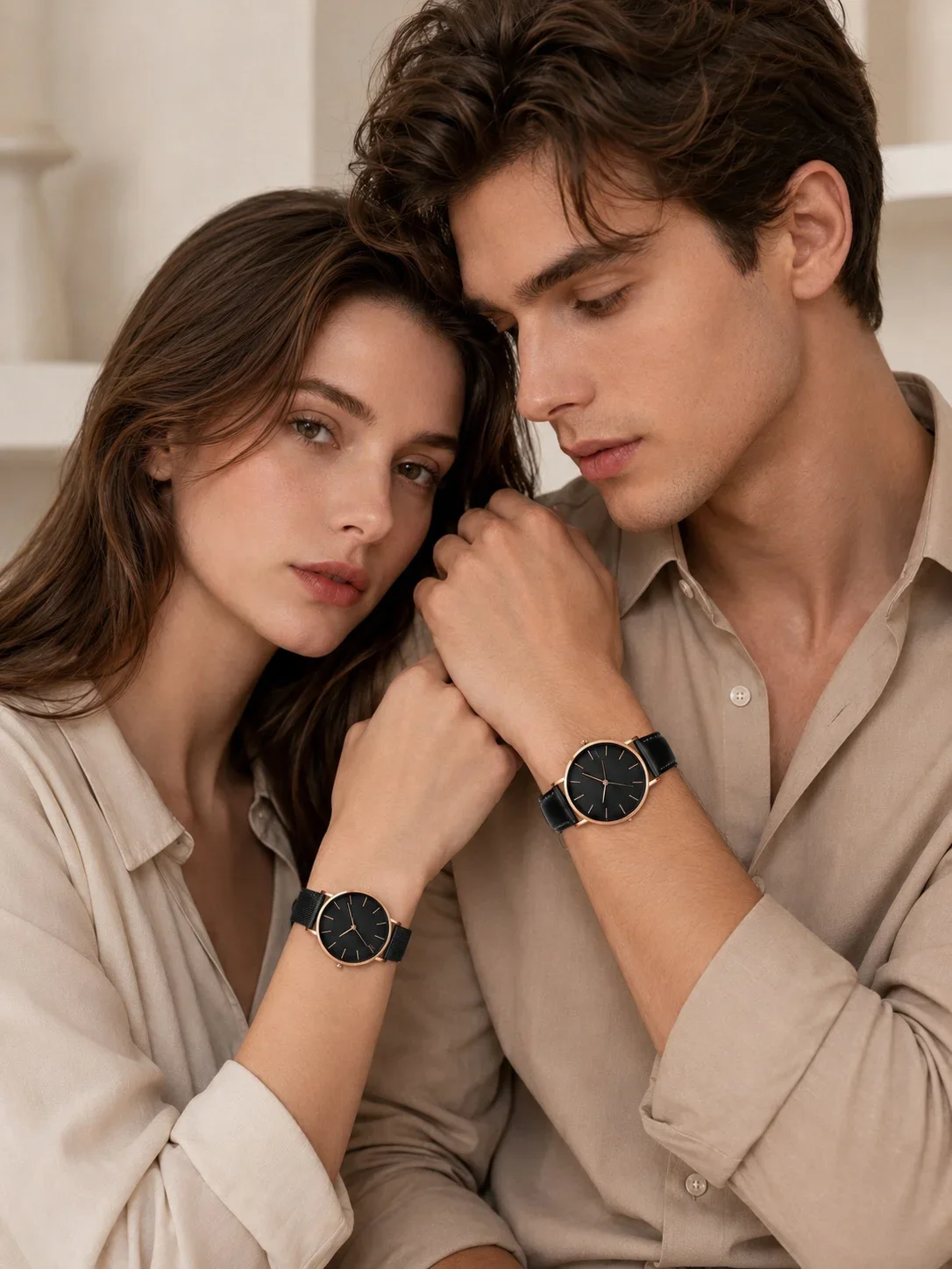 Luxury Simple Couple Watches Set 2Pcs Thin Round Dial Mesh Strap & Leather Band Quartz Wristwatches For Men Women Couple Gift