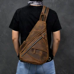 Single Shoulder Bagpack Genuine Leather Chest Outdoor Riding Packs For Biker Men Male Sling s Cow